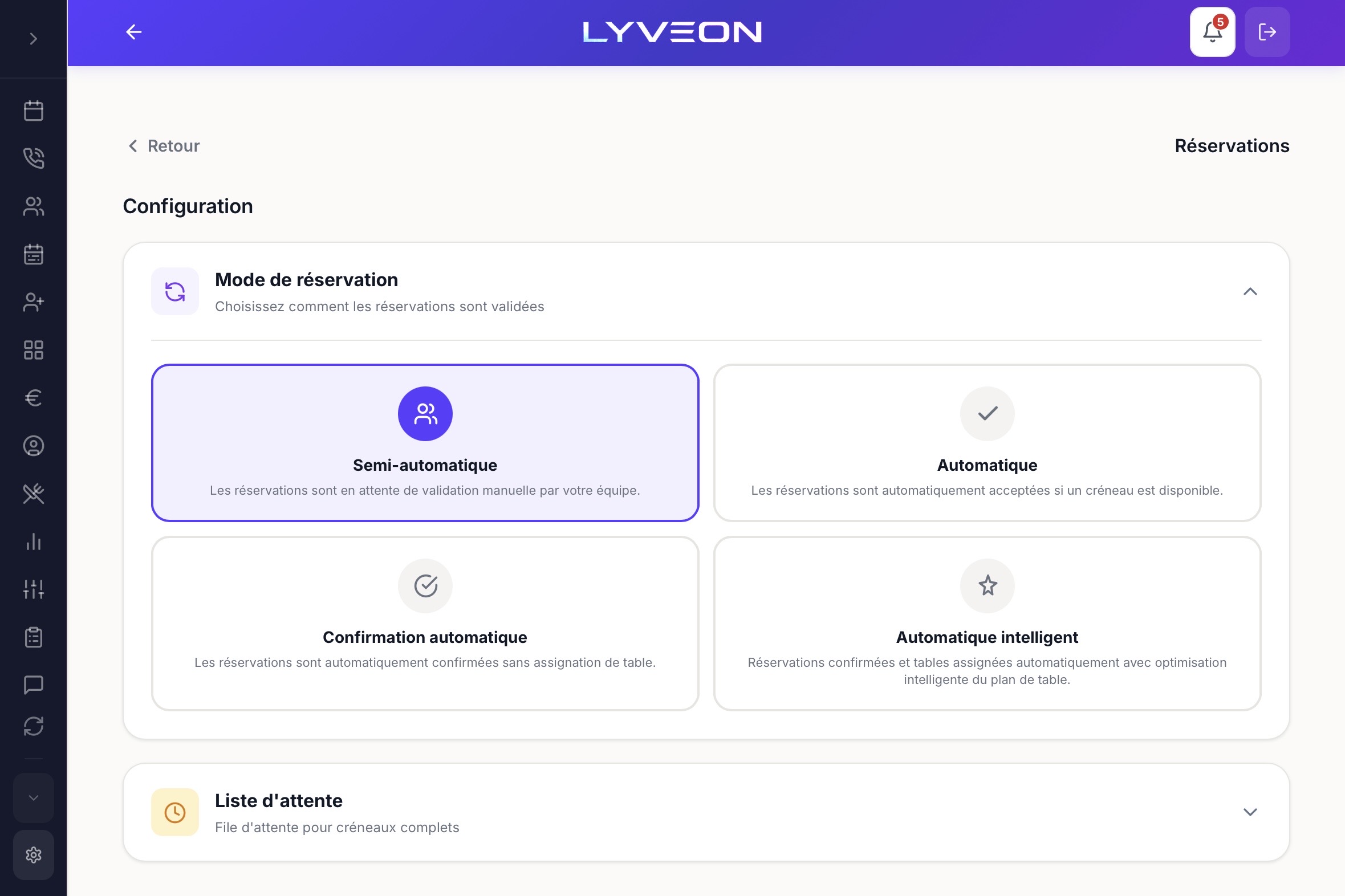 Configuration du mode de réservation : 4 modes