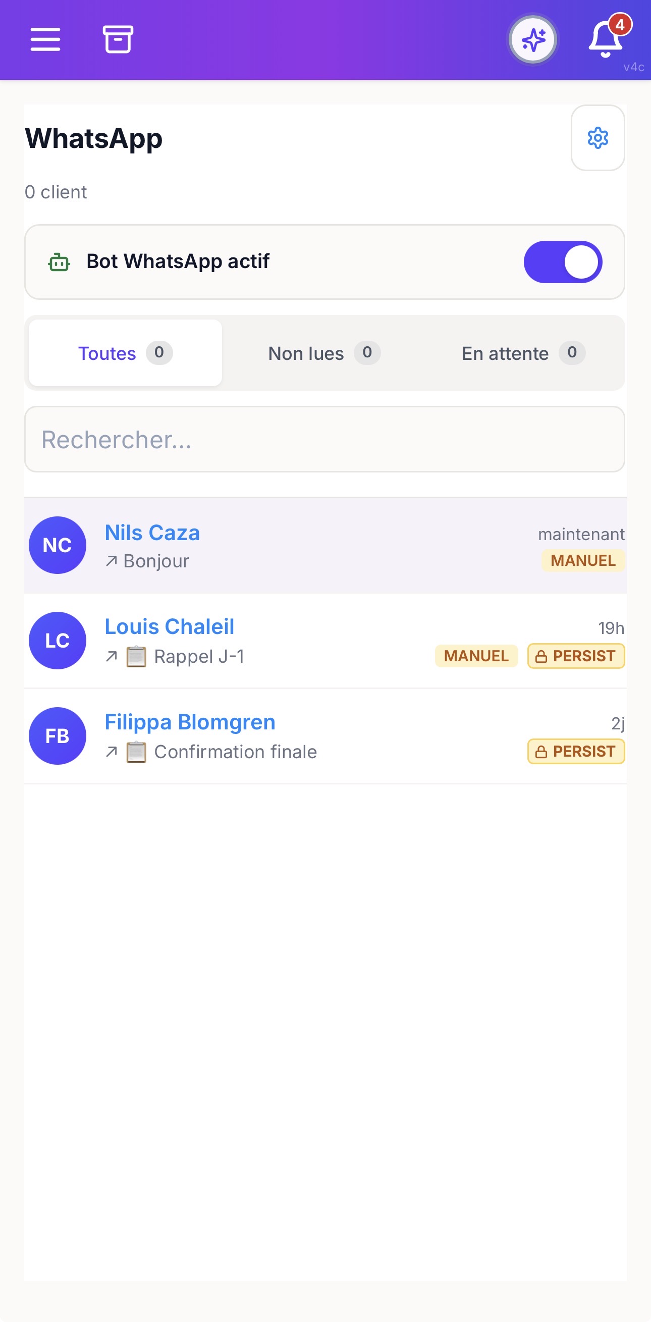 Boîte de réception WhatsApp dans Lyveon Manager avec le bot actif